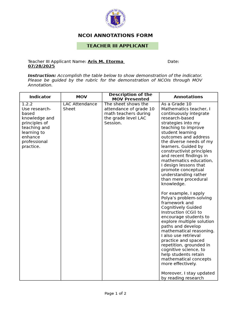 Teacher III NCOI Annotations Form | PDF | Learning | Constructivism ...