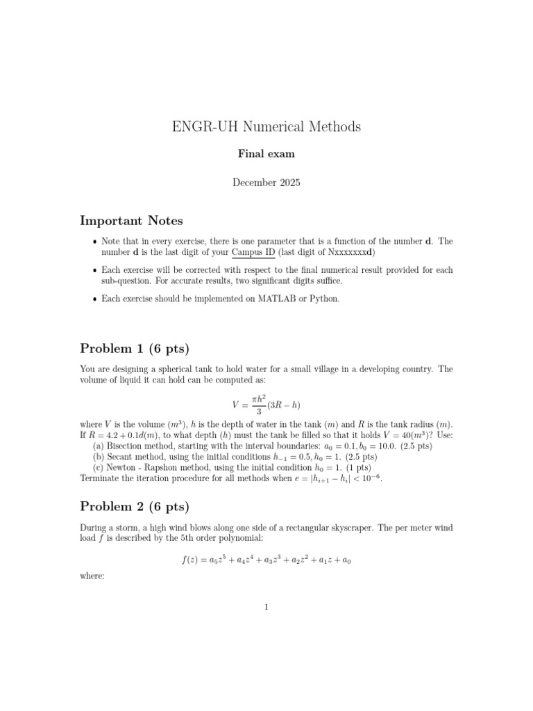Numerical Methods Final Exam Guide | PDF | Mathematics Of Computing ...
