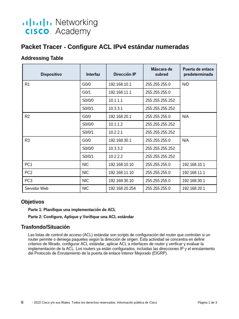 Configuración de ACL IPv4 en Packet Tracer | PDF | Enrutador ...