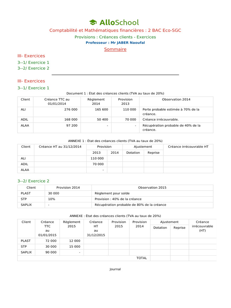 Curated visual reference: Picture Idea: Provisions Et Créances Clients Exercices Pdf
