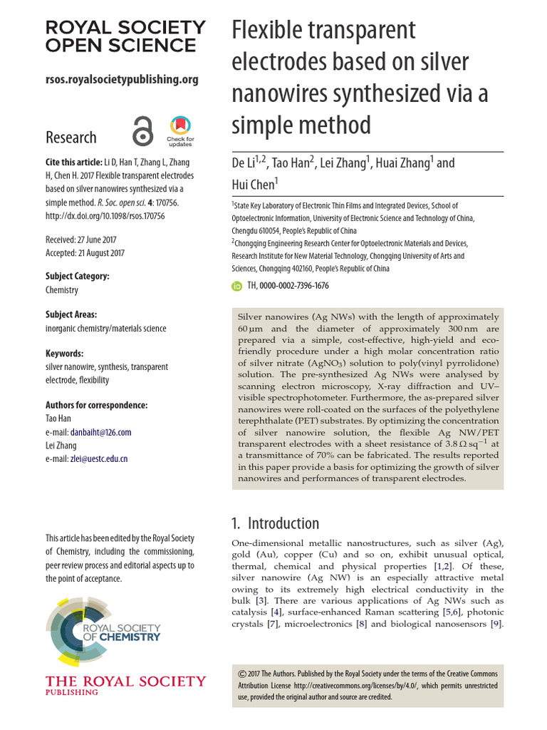 Flexible Transparent Electrodes Based On Silver Na | PDF | Nanowire ...
