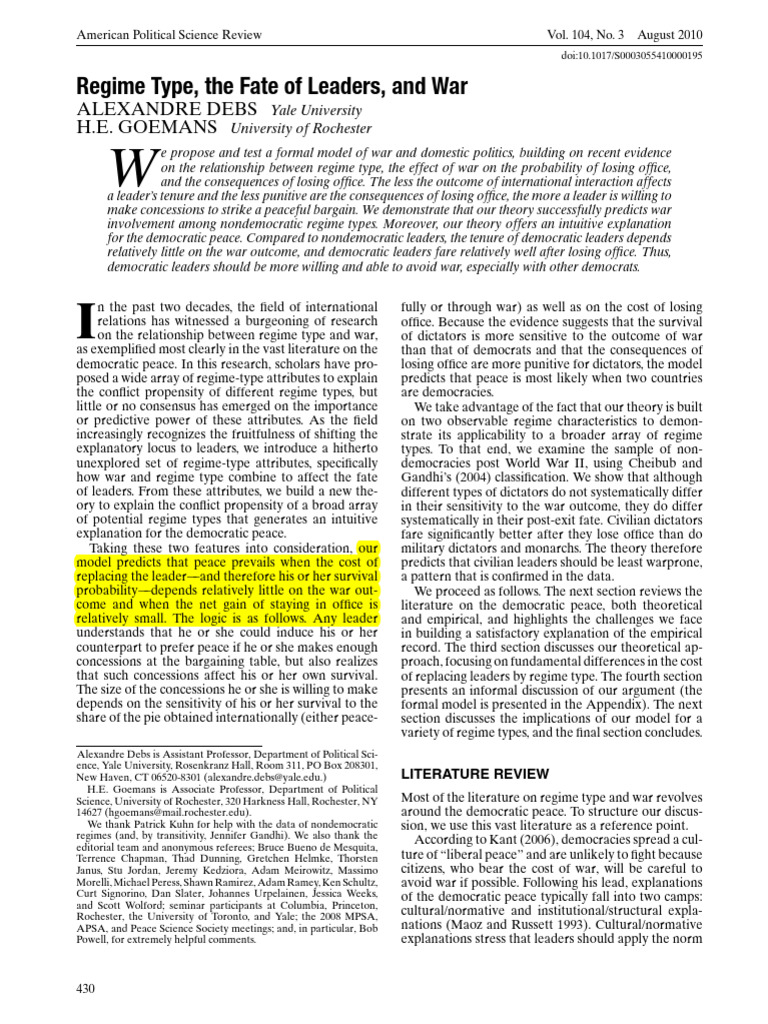 Debs and Goemans (2010) Regime Type, The Fate of Leaders, and War | PDF ...