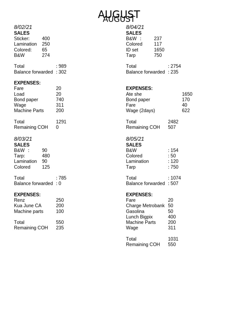August Sales and Expenses Report | PDF