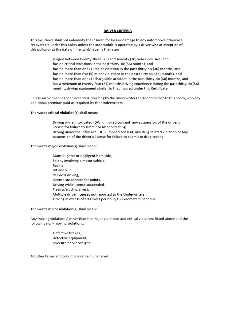 Driver Eligibility Criteria for Insurance | PDF
