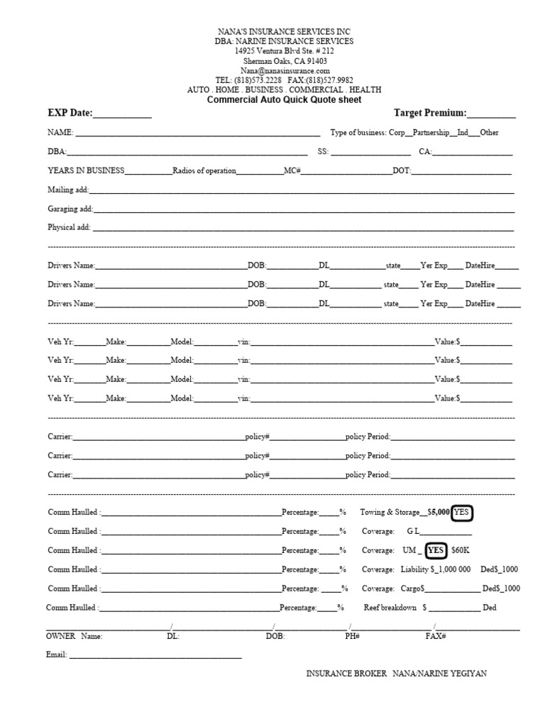Commercial Auto Insurance Quote Form | PDF | Insurance | Financial Risk
