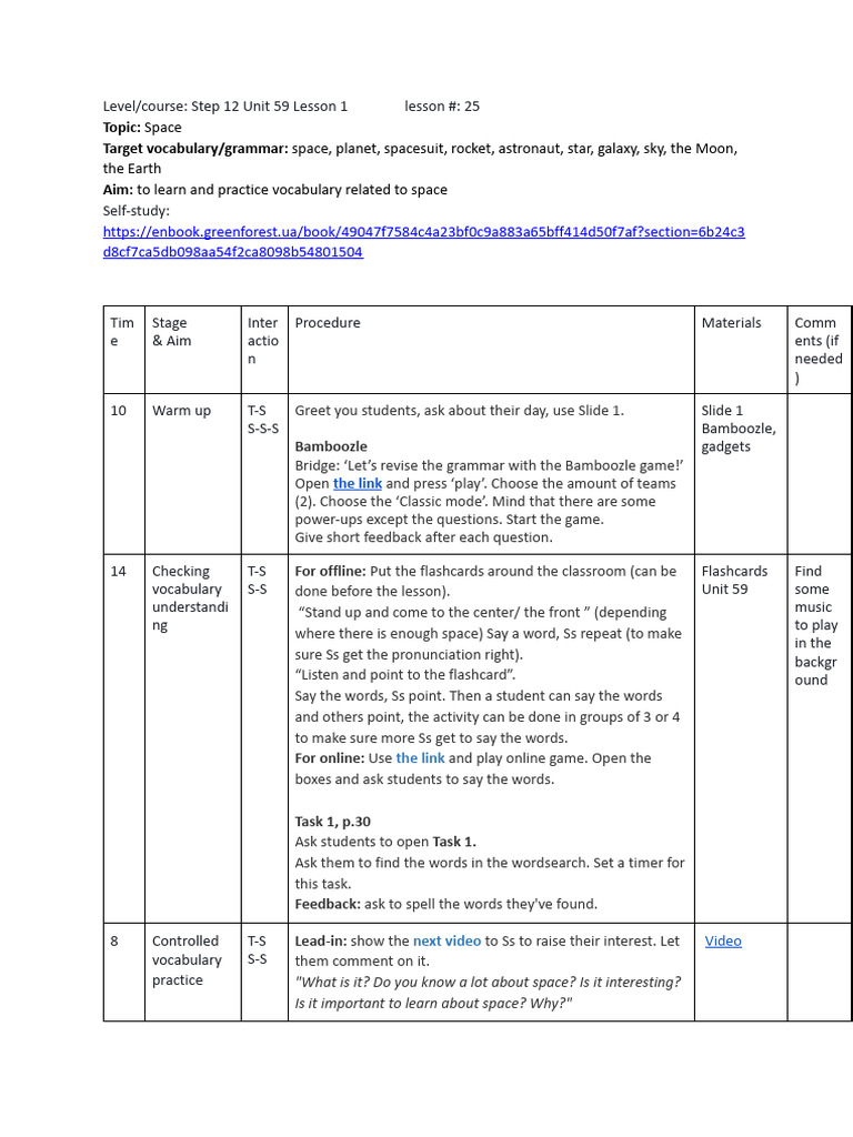 Space Vocabulary Lesson Plan | PDF | Human Communication | Learning
