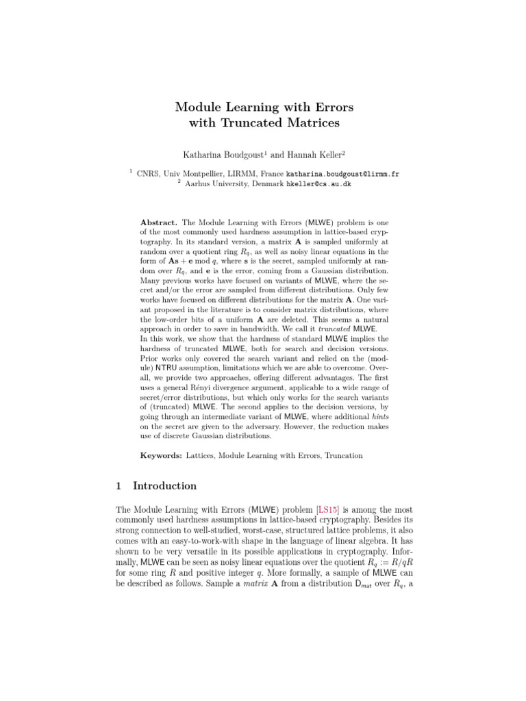 Truncated Module Learning with Errors | PDF | Field (Mathematics ...