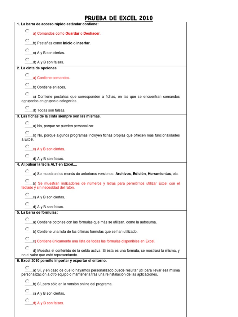 Examen de Excel 2010 con Respuestas | PDF | Hoja de cálculo | Microsoft ...