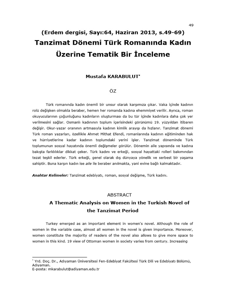 Mustafa Karabulut Tanzimat Donemi Roman Kadin | PDF