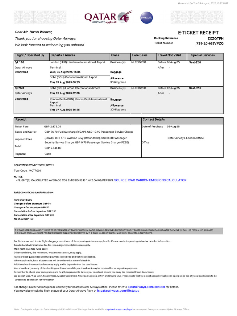 Qatar Airways E-Ticket Receipt Details | PDF | Debit Card | Visa Inc.