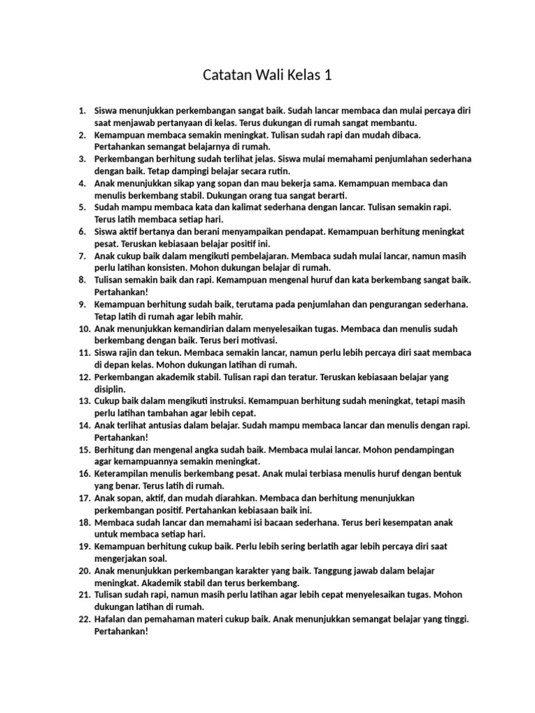 Catatan Wali Kelas 1 | PDF