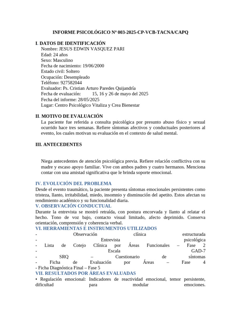 Informe Clínico Psicologico | PDF | Depresión (estado de ánimo) | Las ...