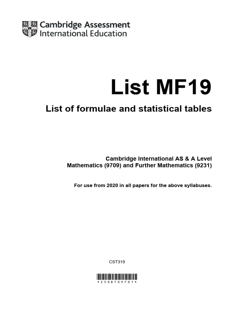A Levels Maths 9709 Formula Sheet | PDF | Variance | Teaching Mathematics