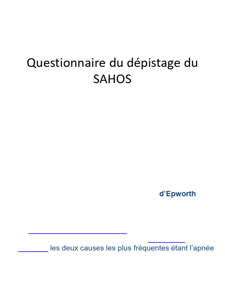 Questionnaire Du Dépistage Du SAHOS | PDF | Syndrome d'apnées du ...