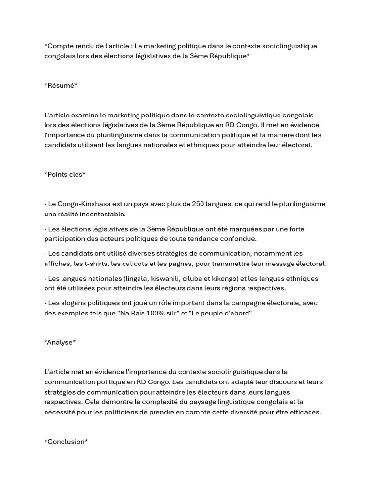 Marketing politique et plurilinguisme en RDC | PDF