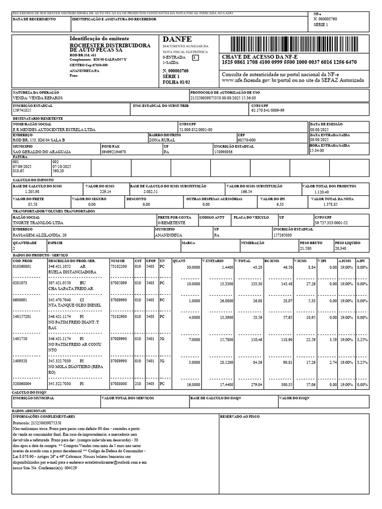 Nota Fiscal de Venda de Auto Peças | PDF | Recibo | Gestão da cadeia de ...