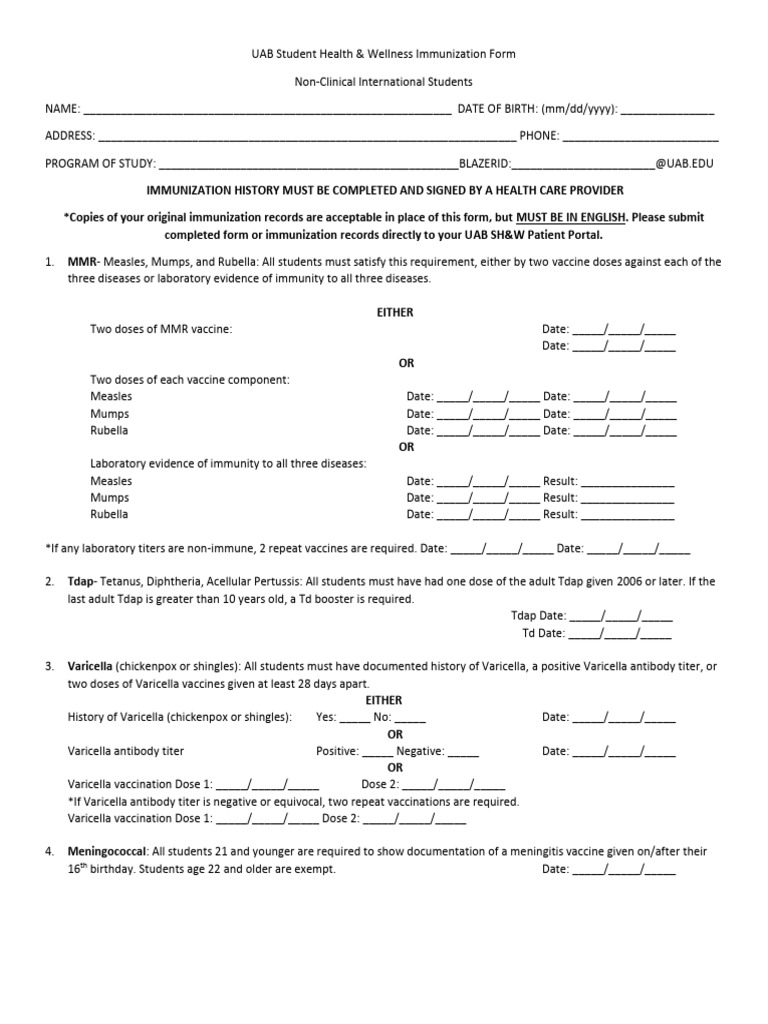 UAB Immunization Form for International Students | PDF | Children's ...
