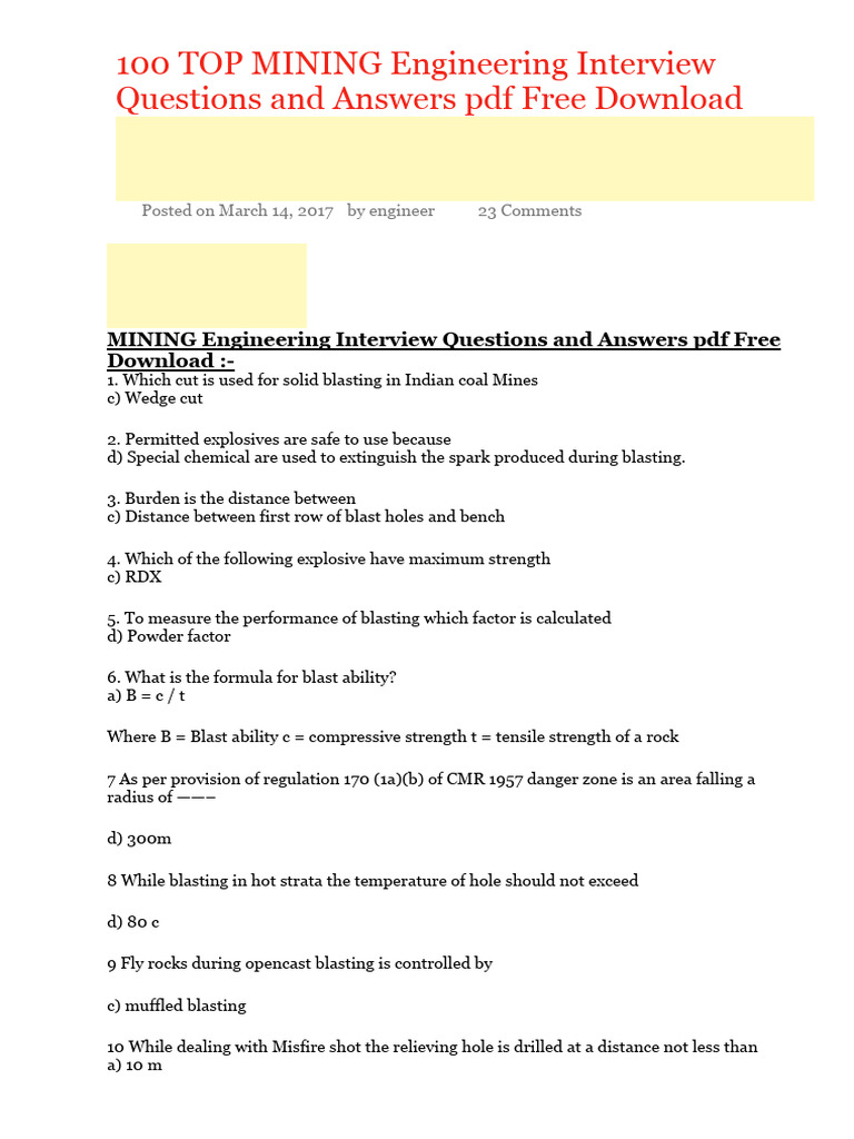 356756663 100 TOP MINING Engineering Interview Questions Answers | PDF ...
