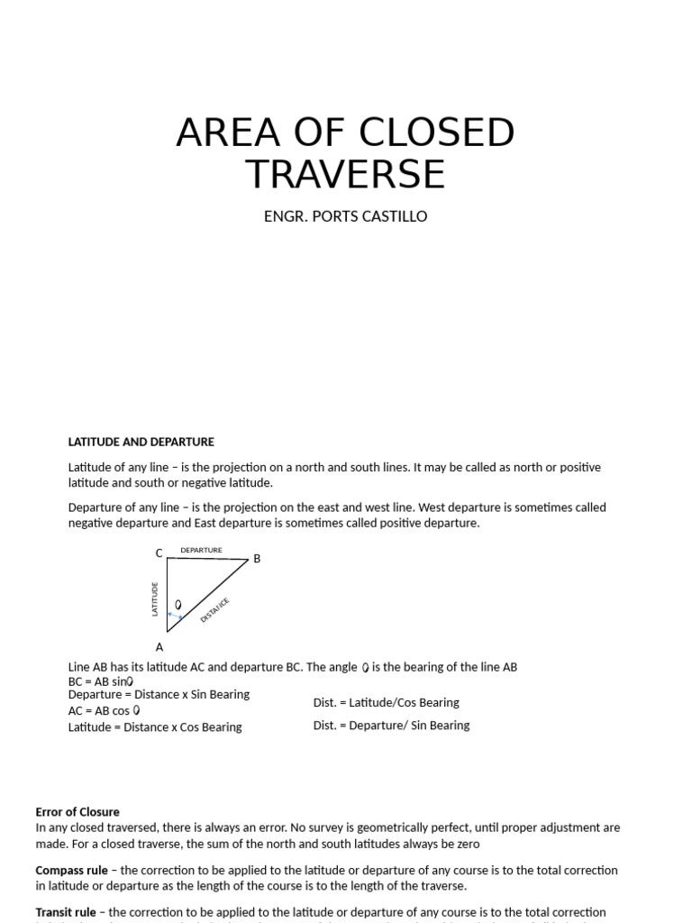 Closed Traverse Area Computation Guide | PDF | Latitude | Mathematics