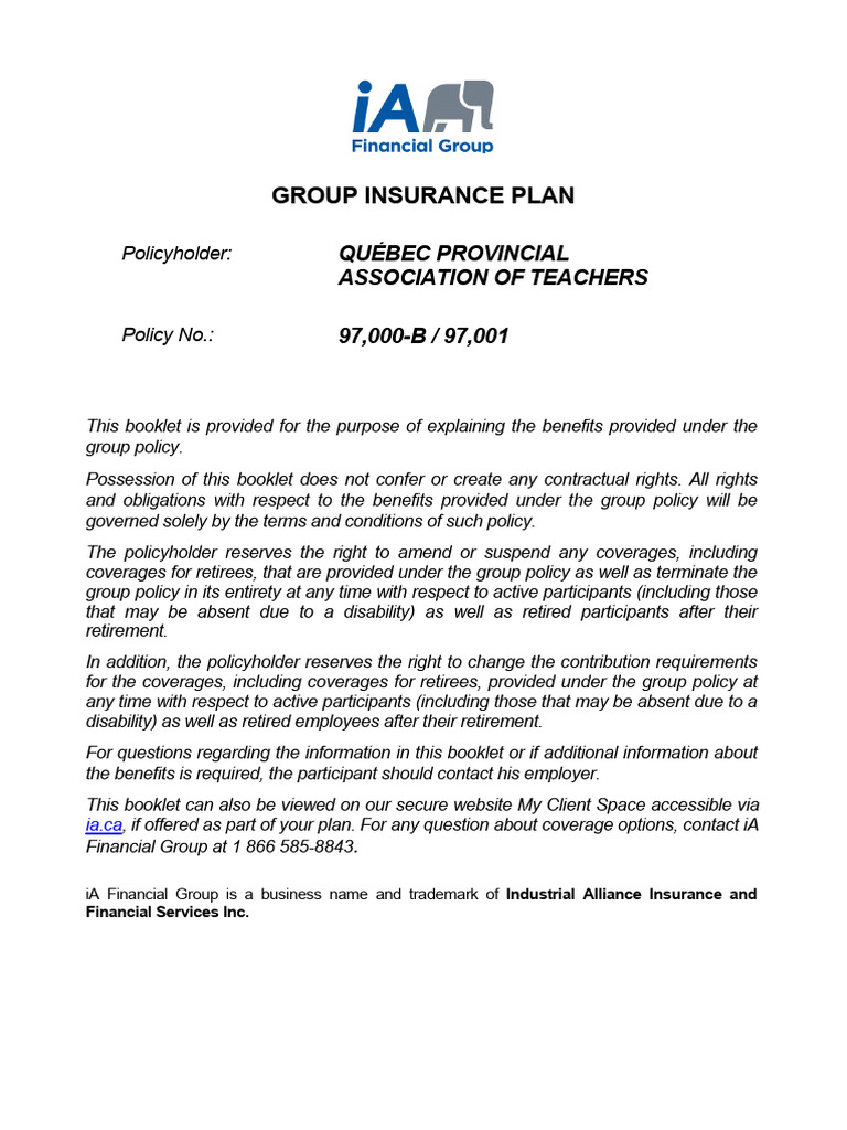 Québec Teachers Group Insurance Plan | PDF | Life Insurance | Employment