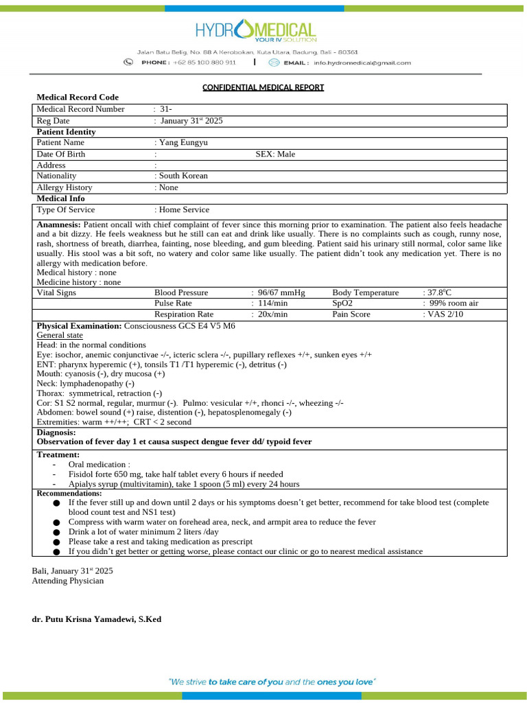 Dengue Fever Medical Report for Yang Eungyu | PDF | Clinical Medicine ...