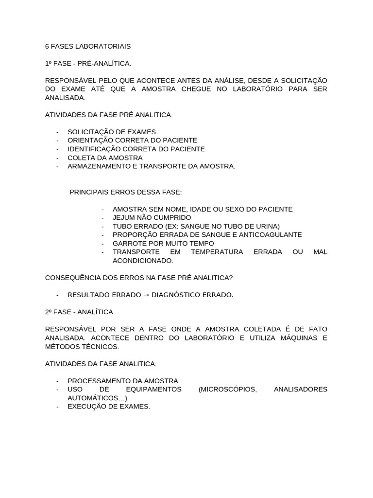 Fases Laboratoriais de Análise Clínica | PDF | Sangue | Glóbulo branco