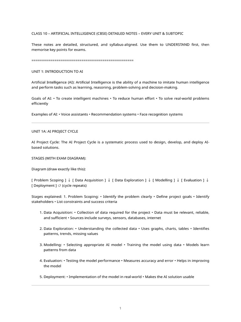 Class 10 AI Notes: Complete Guide | PDF | Artificial Intelligence ...