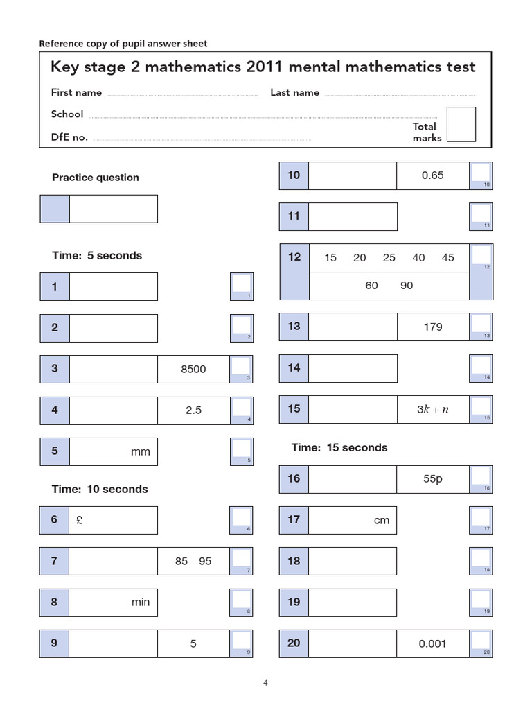 Key Stage 2 Maths Test Answer Sheet | PDF | Mathematics