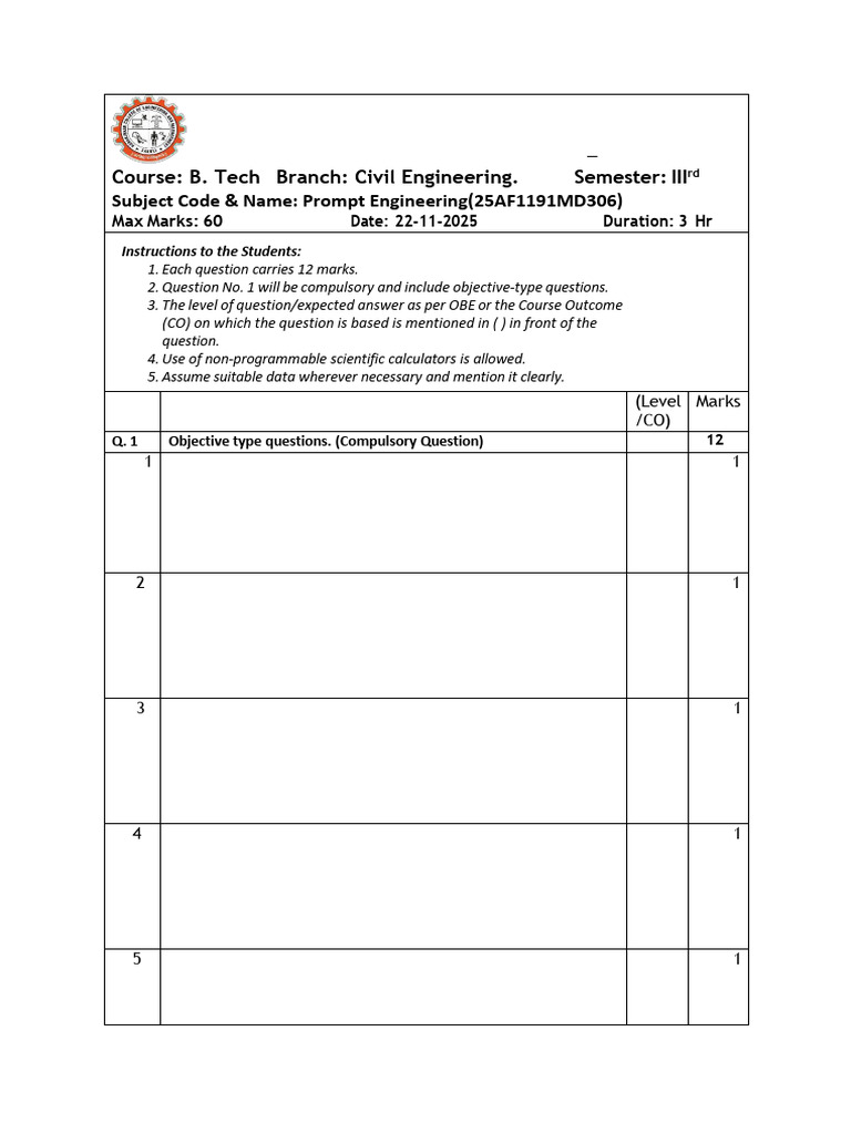 Prompt Engineering Exam - B. Tech Civil | PDF