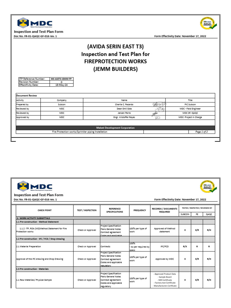 Fire Protection Works Inspection Plan | PDF | Pipe (Fluid Conveyance ...