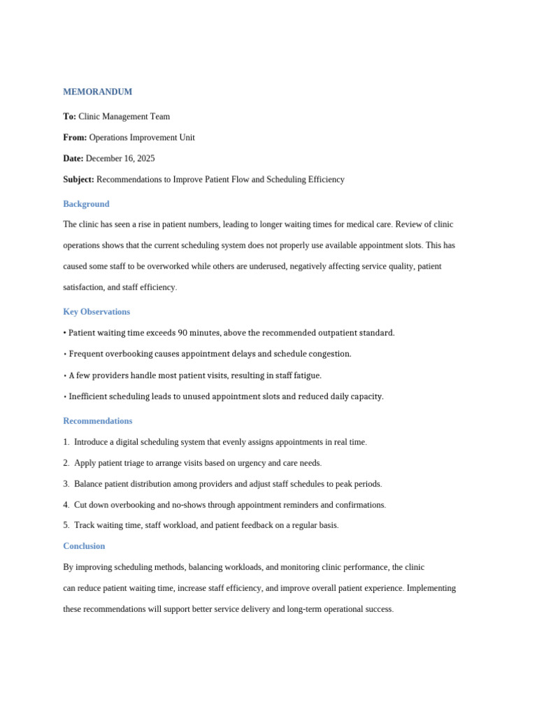 Memo of Recommendation Clinic Operations One Page ZZZ | PDF
