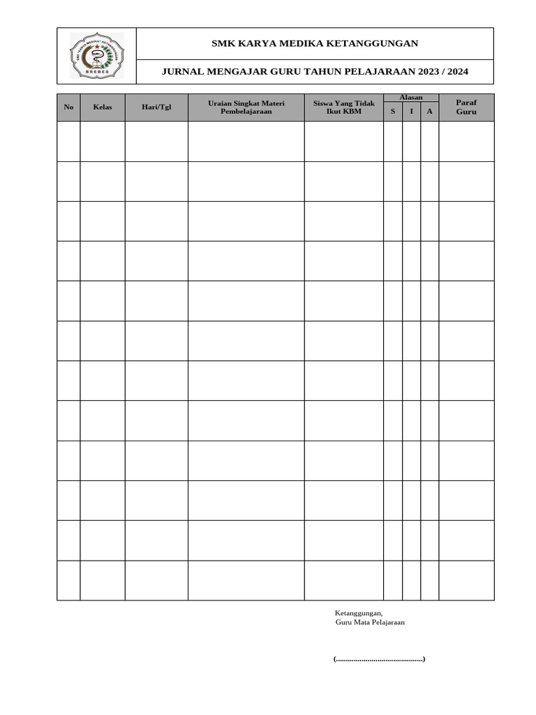 Form Jurnal Mengajar Guru | PDF