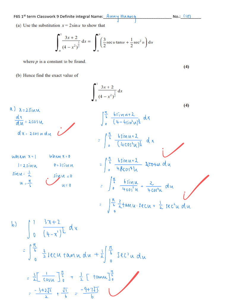 已編輯 - 1st Term Classwork 9 Definite Integral | PDF