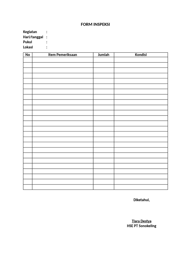 Formulir Inspeksi HSE PT Sonokeling | PDF
