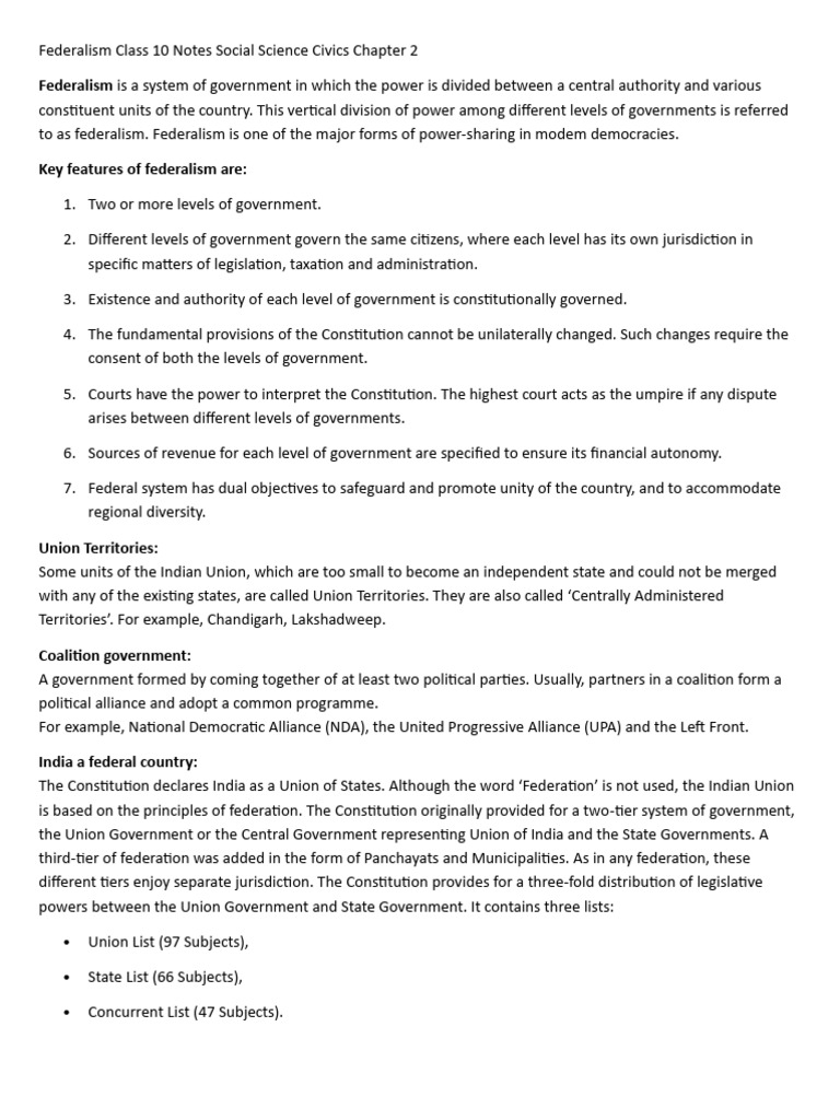 Class 10 Federalism Notes Social Science Civics Chapter 2 | PDF ...