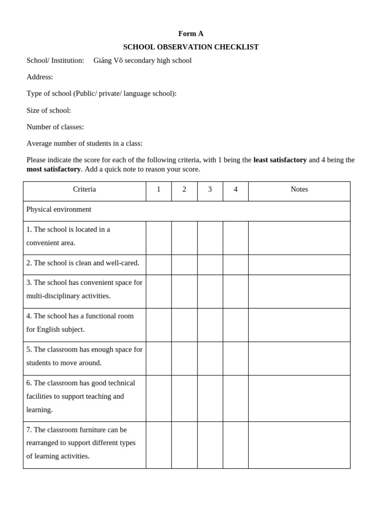 School Observation Checklist Template | PDF | Teachers | Classroom