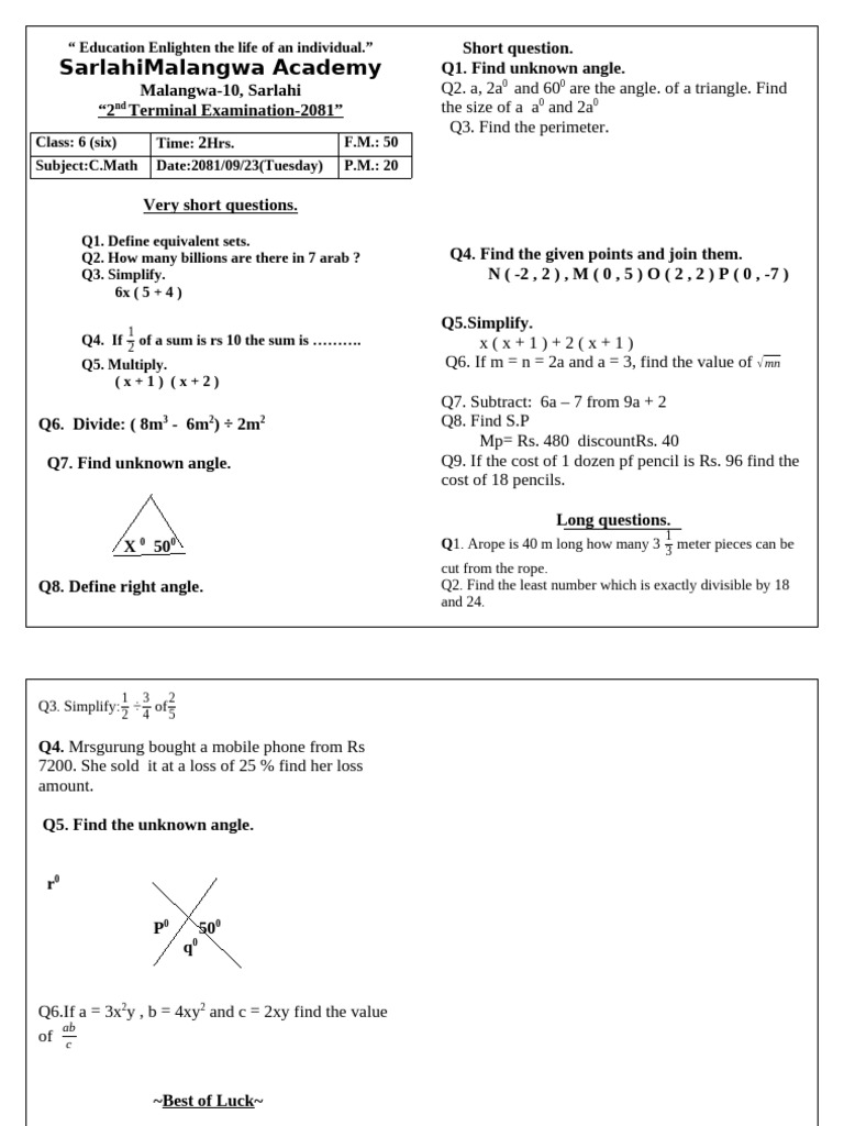 Class 6 C.Math Exam Questions | PDF | Elementary Geometry | Euclidean ...