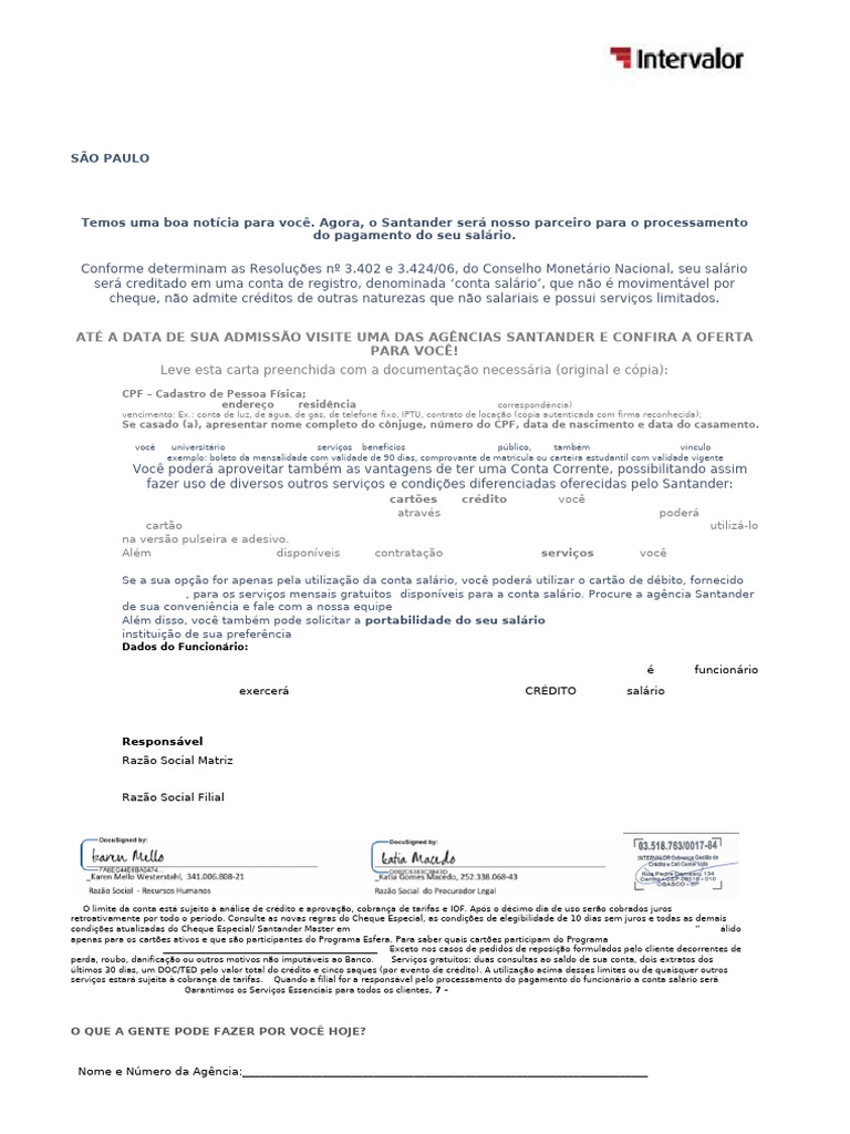 002 Carta para Abertura de Conta | PDF | Cheque (banco) | Crédito