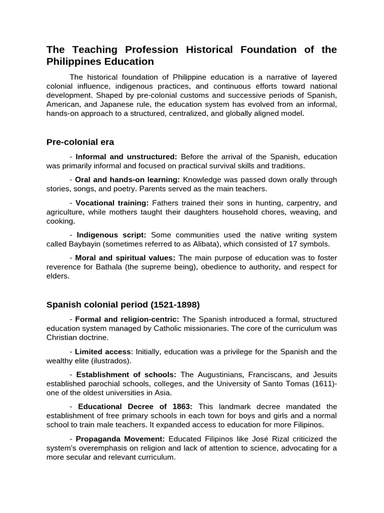 Historical Foundations of Philippine Education | PDF | Teachers ...