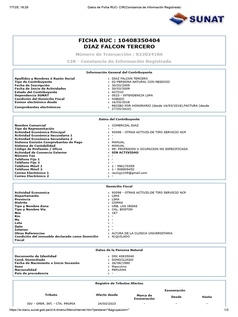 Ficha RUC de Díaz Falcon Tercero | PDF