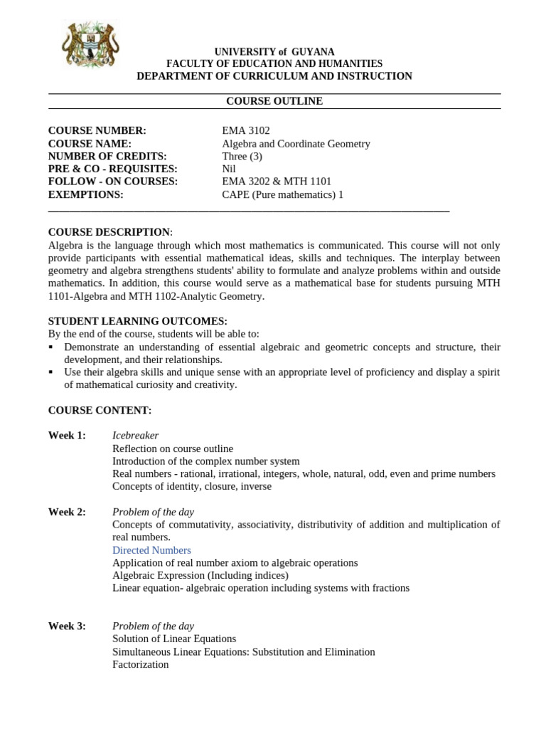 EMA-3102 Blended Course Outline 2025.edited | PDF | Algebra | Equations