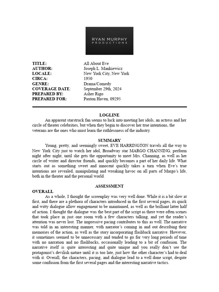 All About Eve: A Screenplay Review | PDF