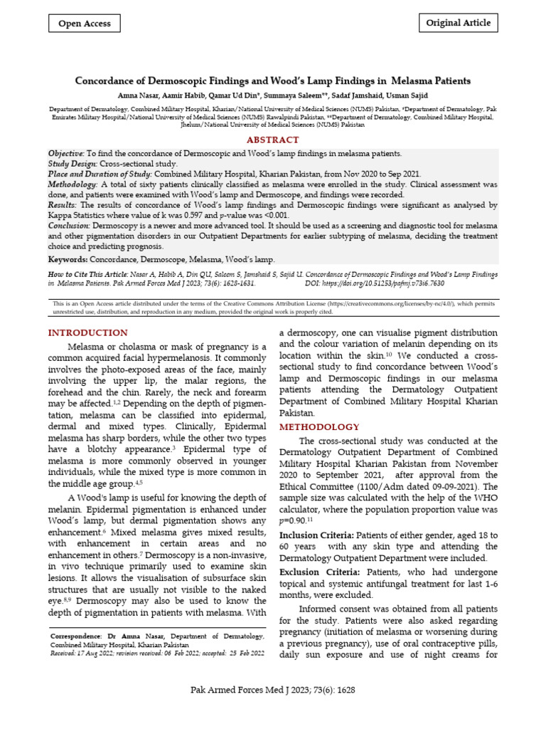 Dermoscopic vs Wood's Lamp in Melasma | PDF | Health Care | Medicine