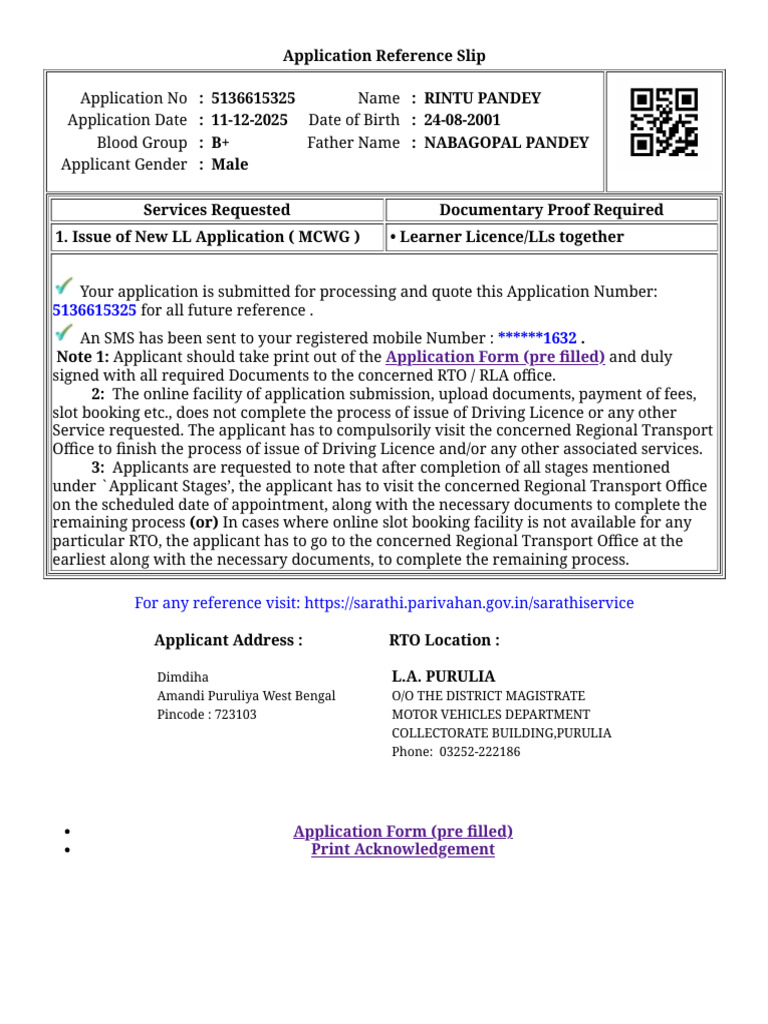 Learner Licence Application Reference 5136615325 | PDF