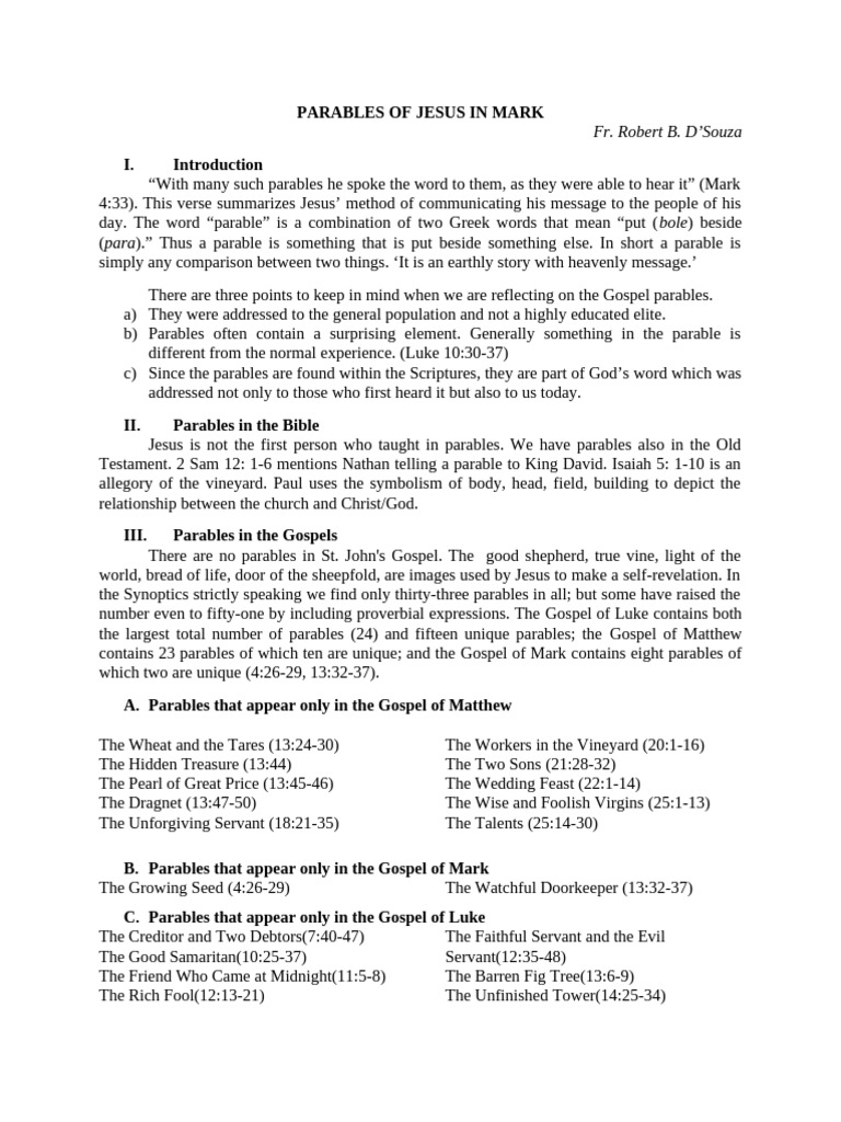 Jesus' Parables in the Gospel of Mark | PDF | Parables Of Jesus | Jesus