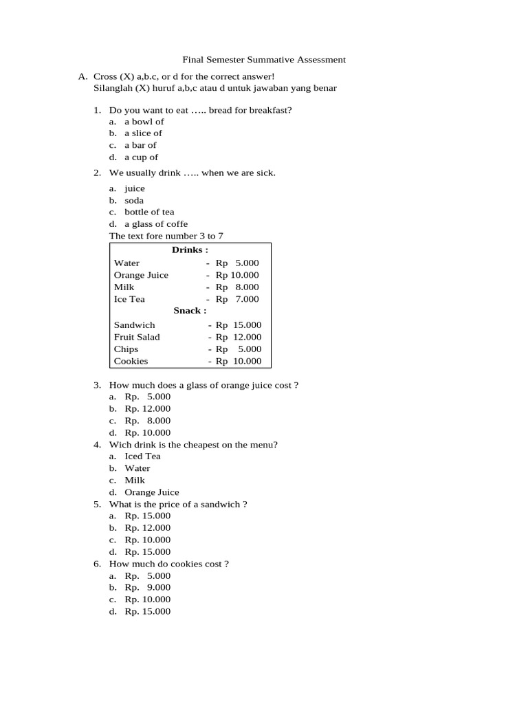 Final Semester Assessment Questions | PDF | Juice | Diet & Nutrition