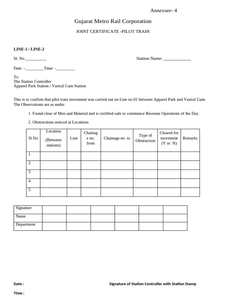 Gujarat Metro Pilot Train Certificate | PDF