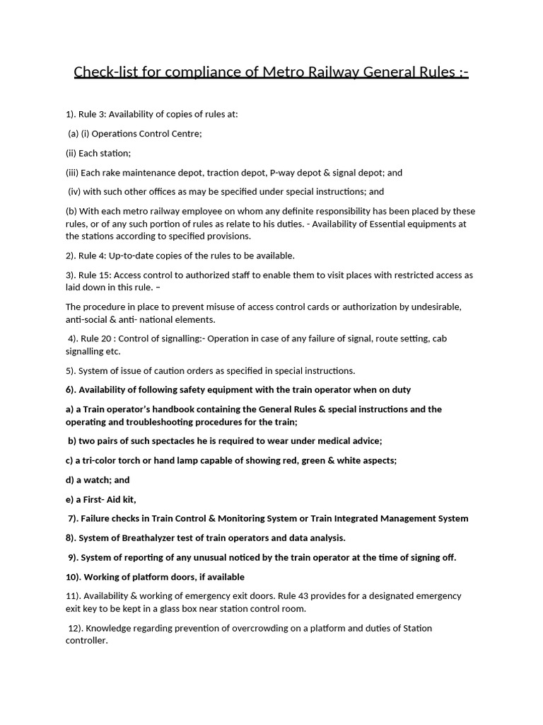 Check List For CMRS (Train Operations) | PDF | Train | Land Transport
