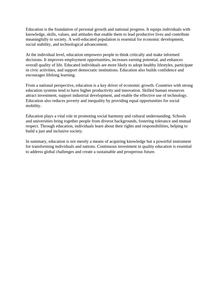 Importance of Education in Personal and National Development | PDF