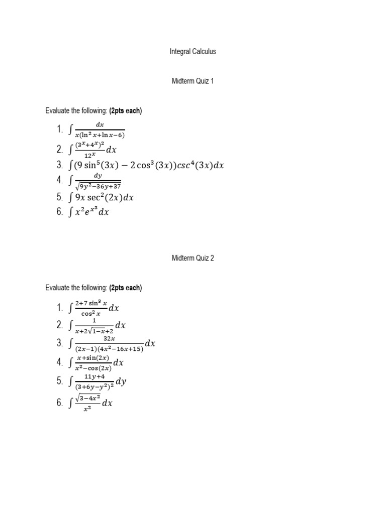 Integral Calculus Midterm Quiz | PDF